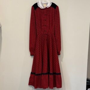 Vintage Gunne Sax Red Plaid Long Sleeve Dress with Black Details